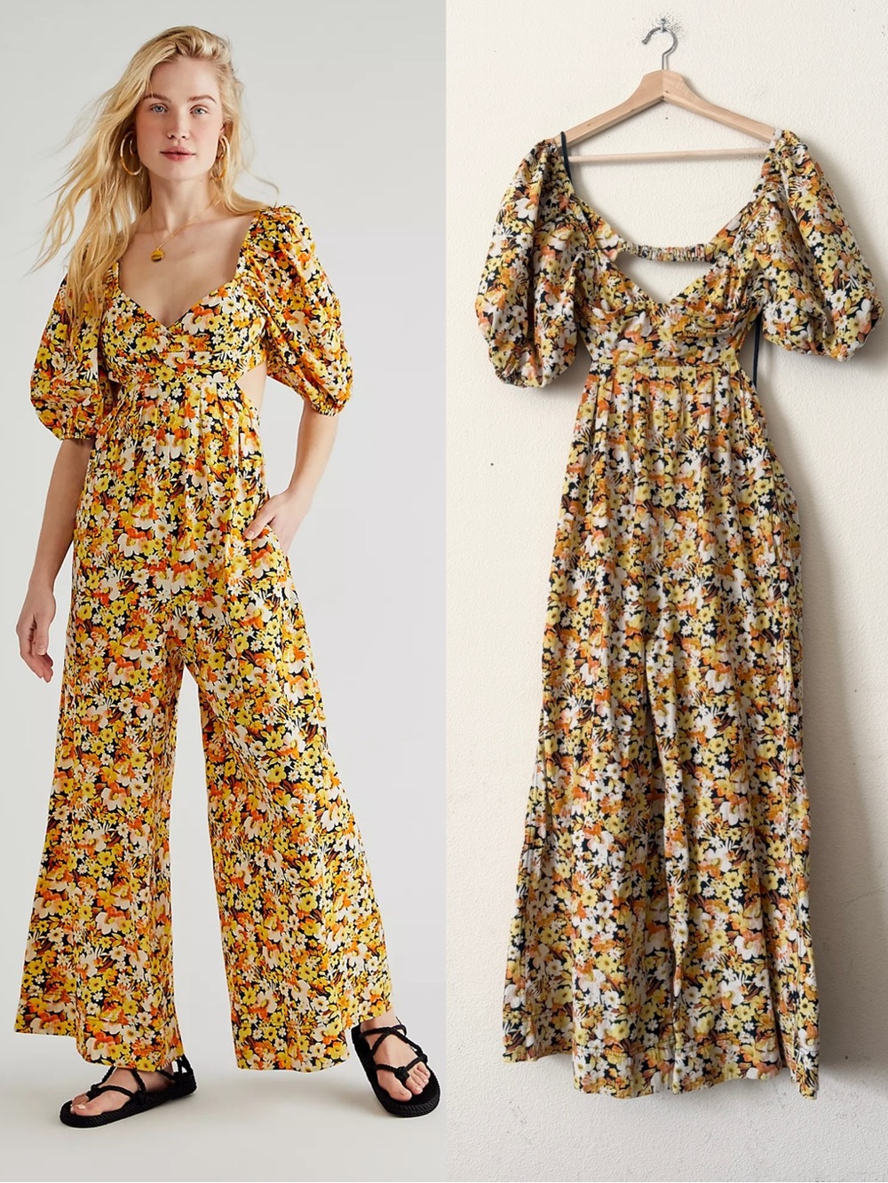 Free People MEDIUM Printed Amy cutout back yellow floral wide leg jumpsuit